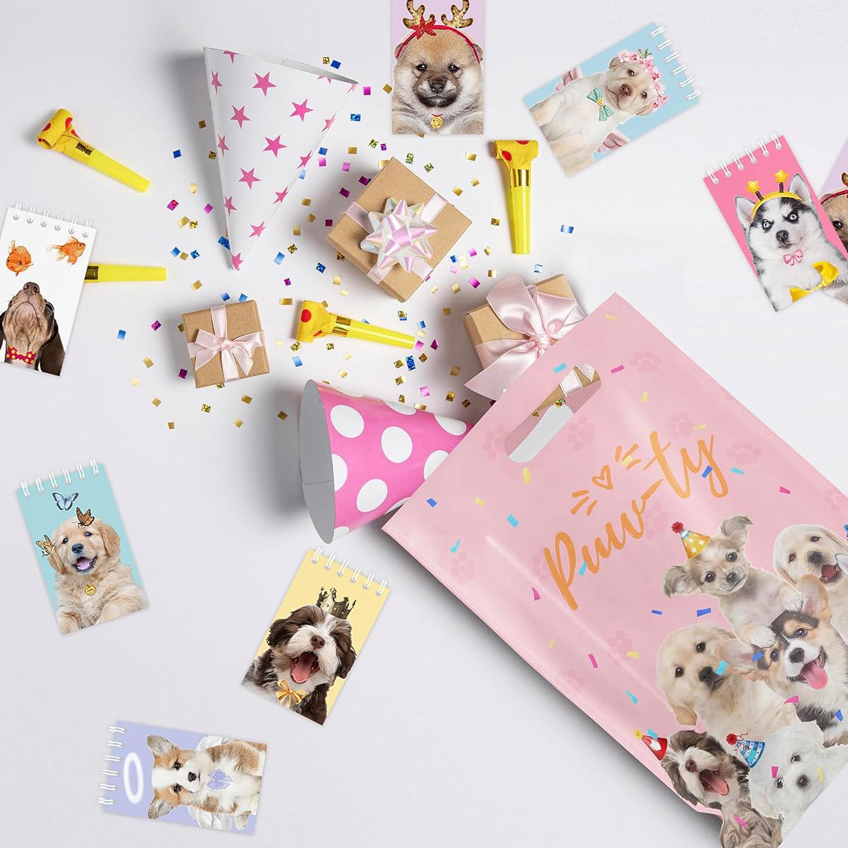 50pcs Dog Party Favor Bags Dog Theme Birthday Party Supplies Pink Waterproof Goodie Bags with Handles Thick Pet Paw Plastic Candy Gift Bags for Kids Birthday Party Decorations and Classroom