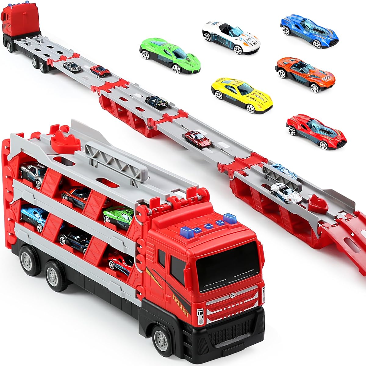 Melyis Toy Trucks with Ejection Race Track, Kids Cool Foldable Storage Toy Truck for Hot Wheels Cars, Car Carrier Transporter Toy Truck for Boys and Girls Age 4-9