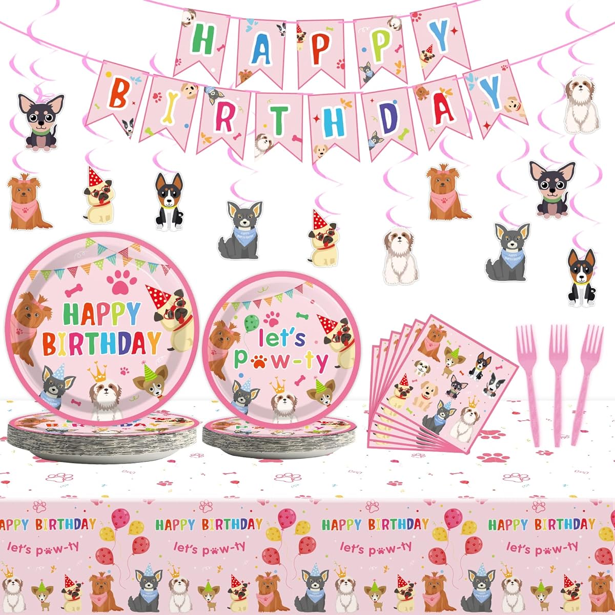 168pcs Dog Themed Party Decorations Set,Dog Tableware Set,Banner,Cupcake Toppers,Balloons,Swirls,Cards,Tinfoil Balloons,Pink Dog Party Supplies for Baby Shower Decorations