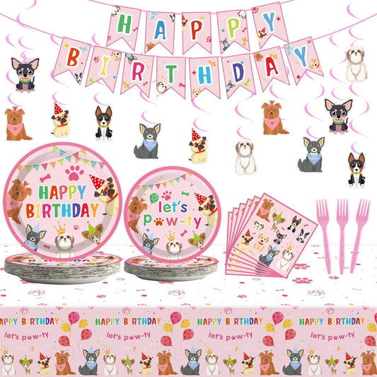 168pcs Dog Themed Party Decorations Set,Dog Tableware Set,Banner,Cupcake Toppers,Balloons,Swirls,Cards,Tinfoil Balloons,Pink Dog Party Supplies for Baby Shower Decorations