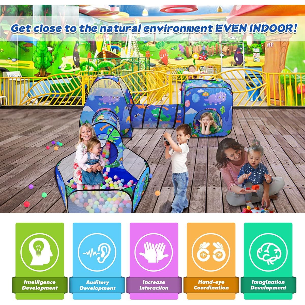 TTLOJ Gift 5PCS Dinosaur Kids Play Tent with Ball Pit, Crawl Tunnel, Toddler Playhouse Castle Toys for Baby Boys Girls Gifts Age 3 4 5 6 7 Outdoor Indoor (Balls Not Included)
