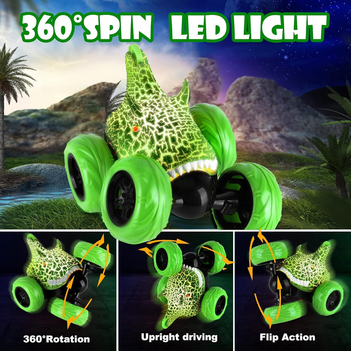 Dywalfri Remote Control Car Dinosaur Toy RC Stunt Car 360 Degree Rotation with LED Headlights Rechargeable RC Car Dinosaur Toy Gift for 4 5 6 7 8-12 Years Old Boys Girls Kids