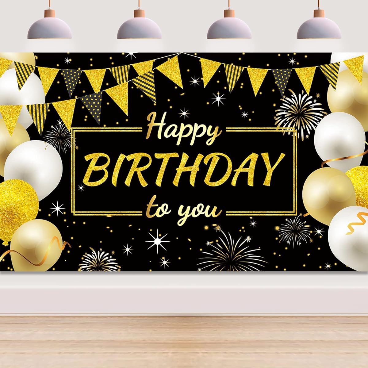 Happy Birthday Decorations Backdrop Banner Birthday Party Decorations Sign Photo Backdrop for Boys Girls Men Women Party Supplies 72.8 x 43.3 inches (Black and Gold)