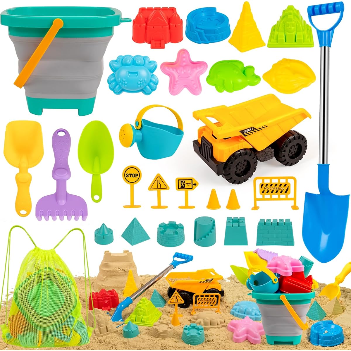 Beach Toys Sandbox Toys with Truck, Foldable Sand Bucket, Large Stainless Steel Shovel Toy, Sand Castle Kit, Animal Shapes, Shell Mesh Bag, Travel Summer Outdoor Toys for Kids Toddlers Boys Girls Ages 3+