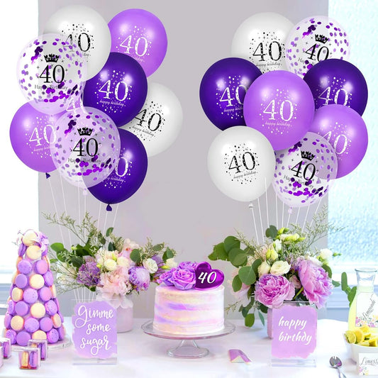 40th Purple Birthday Balloons Decorations, 16pcs Purple White Confetti Latex Balloons for Women Men Happy Birthday Party Wedding Anniversary Indoor Outdoor Party Supplies 12inch