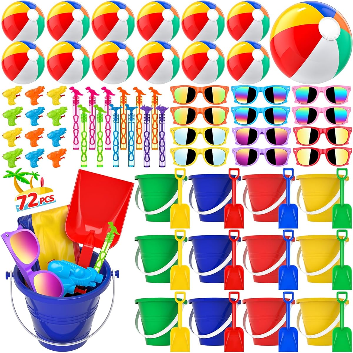 GIFTINBOX Mega Pool Party Beach Favors 72 Pieces for Kids 3 Years Old 4 Years Old 5 Years Old 6 7 8 Pieces Balls Bulk Sand Toys Sunglasses Bubble Wand Summer Birthday Supplies