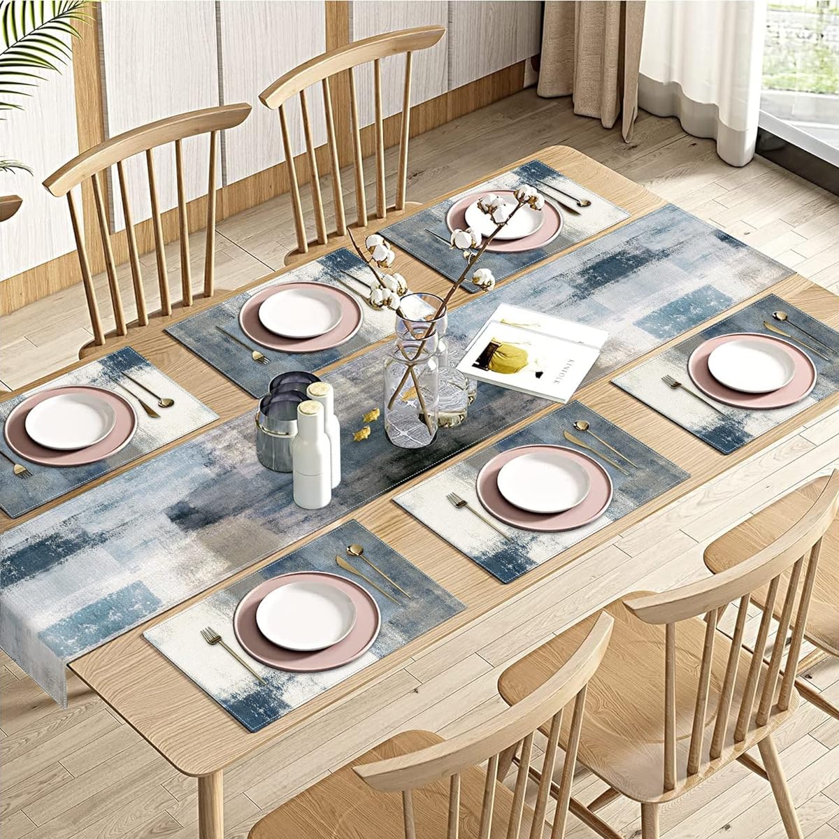 Emvency Farmhouse Table Runner and Placemats Set of 6 Cotton Linen Abstract Blue and Gray Painting Art Dining Table Decor for Everyday Use (1 Table Runner, 72" Long, 6 Placemats)