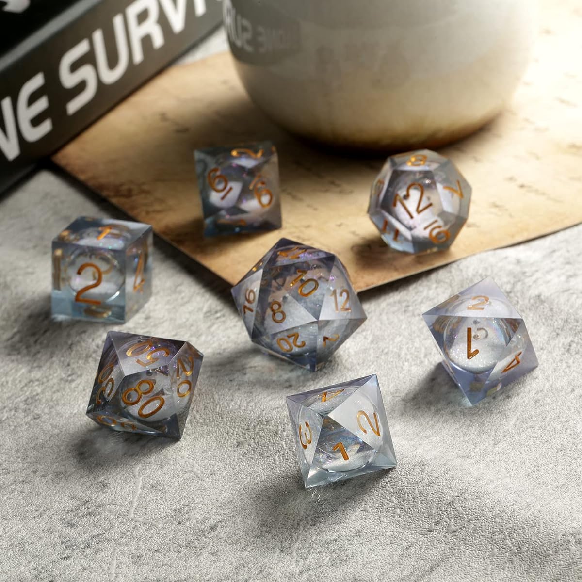 DNDND Liquid Sharp Edge DND Dice, Full Set of Liquid D&D Dies with Gift Case for Dungeons & Dragons Games (Grey Liquid)
