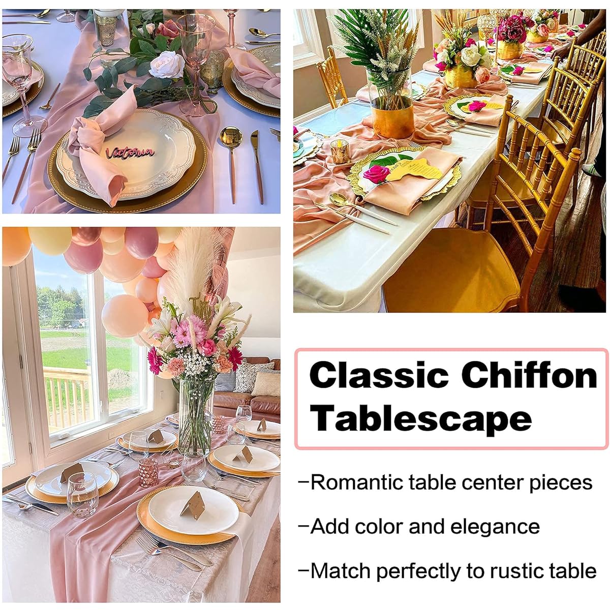 Antimbee Chiffon Sheer Table Runner with Ribbon Ties, Pale Dusty Rose, 29 x 120 Inch, Pack of 10 for Weddings, Bridal Showers, Parties, Christmas