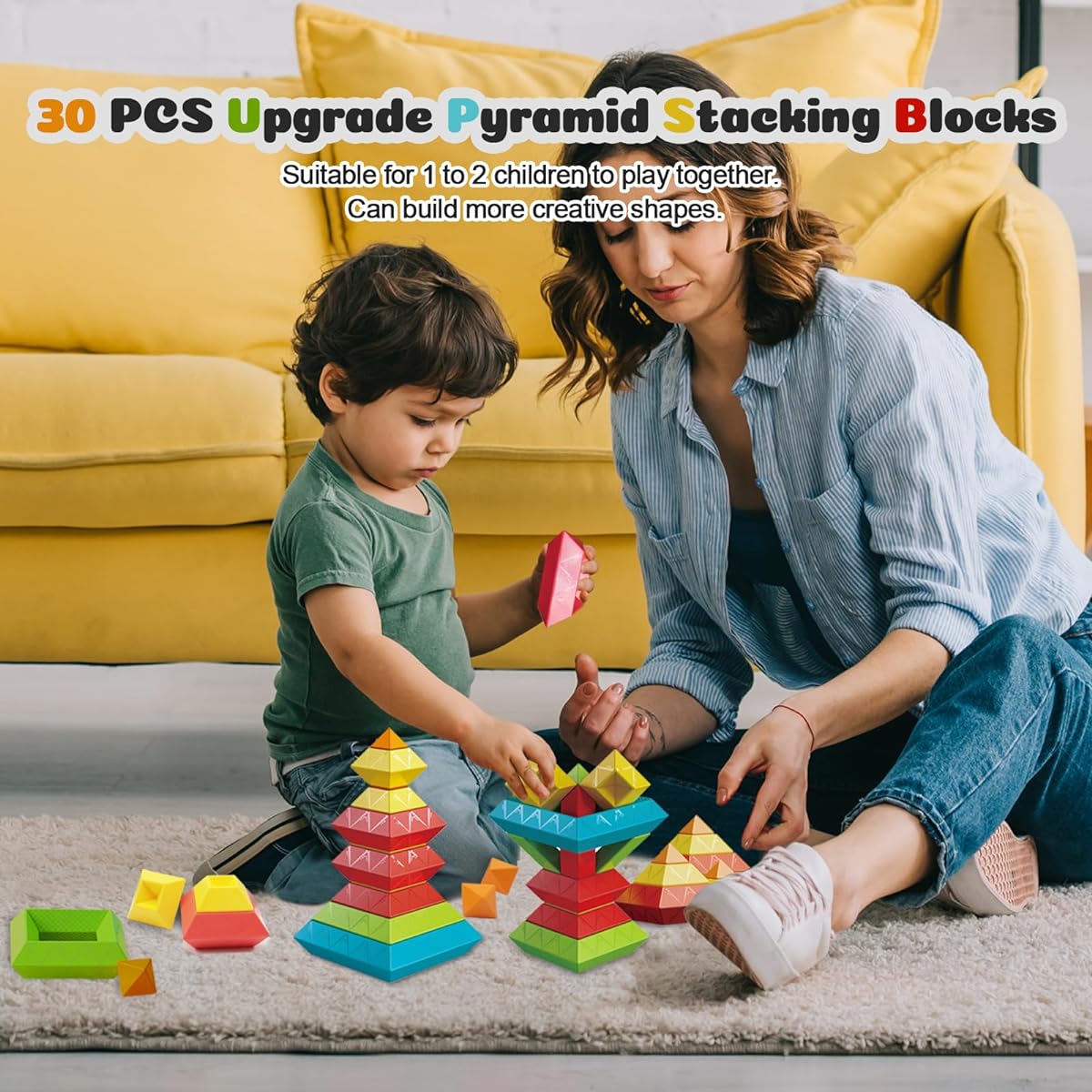 Prinlion Pyramid Blocks for Toddlers 1-3 3-5 (30 pieces)