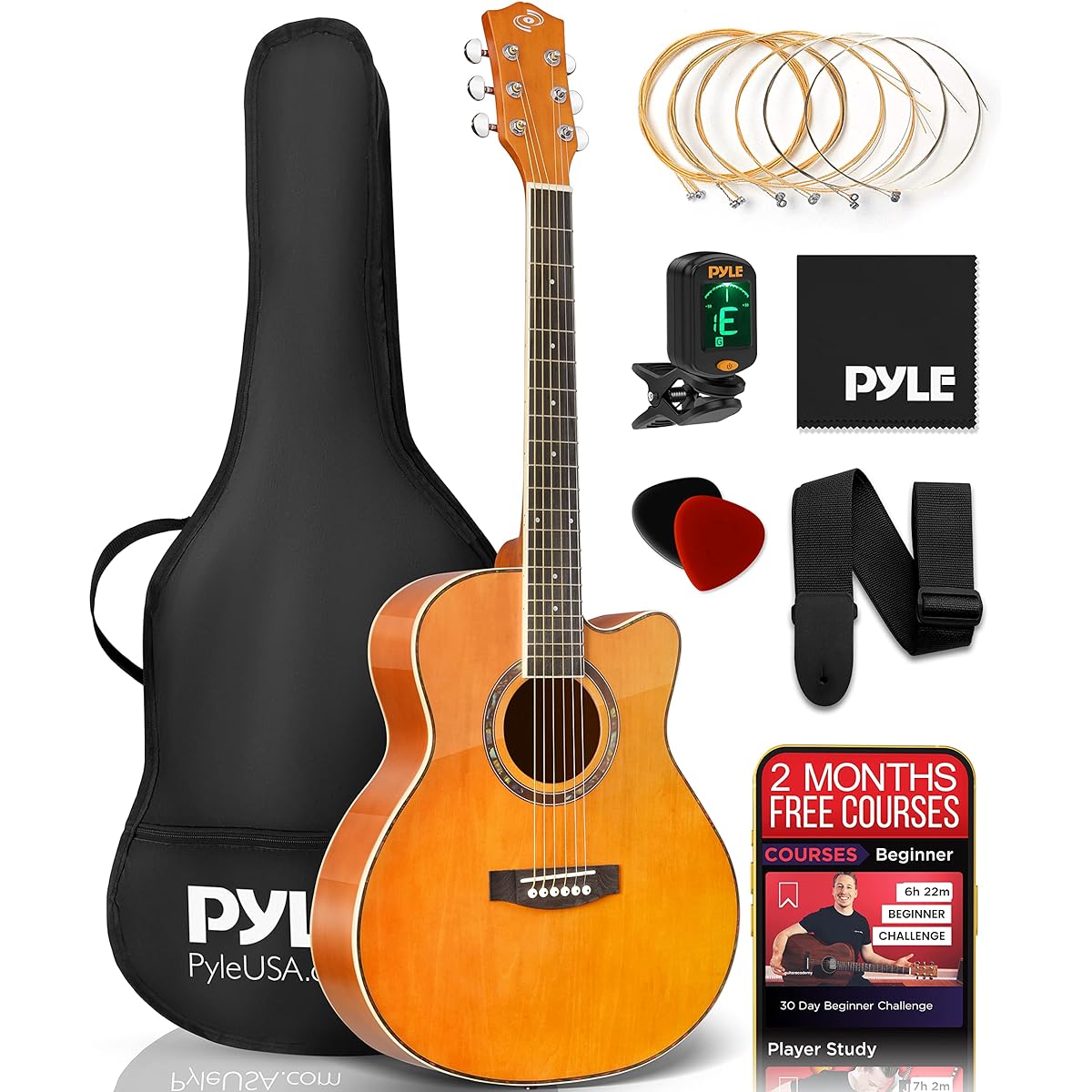Pyle 36" Cutaway Acoustic Guitar 3/4 Size Orange Matte 6 Steel Strings Gig Bag Tuner Spare Strings Pick Strap Beginner Kids Right Handed