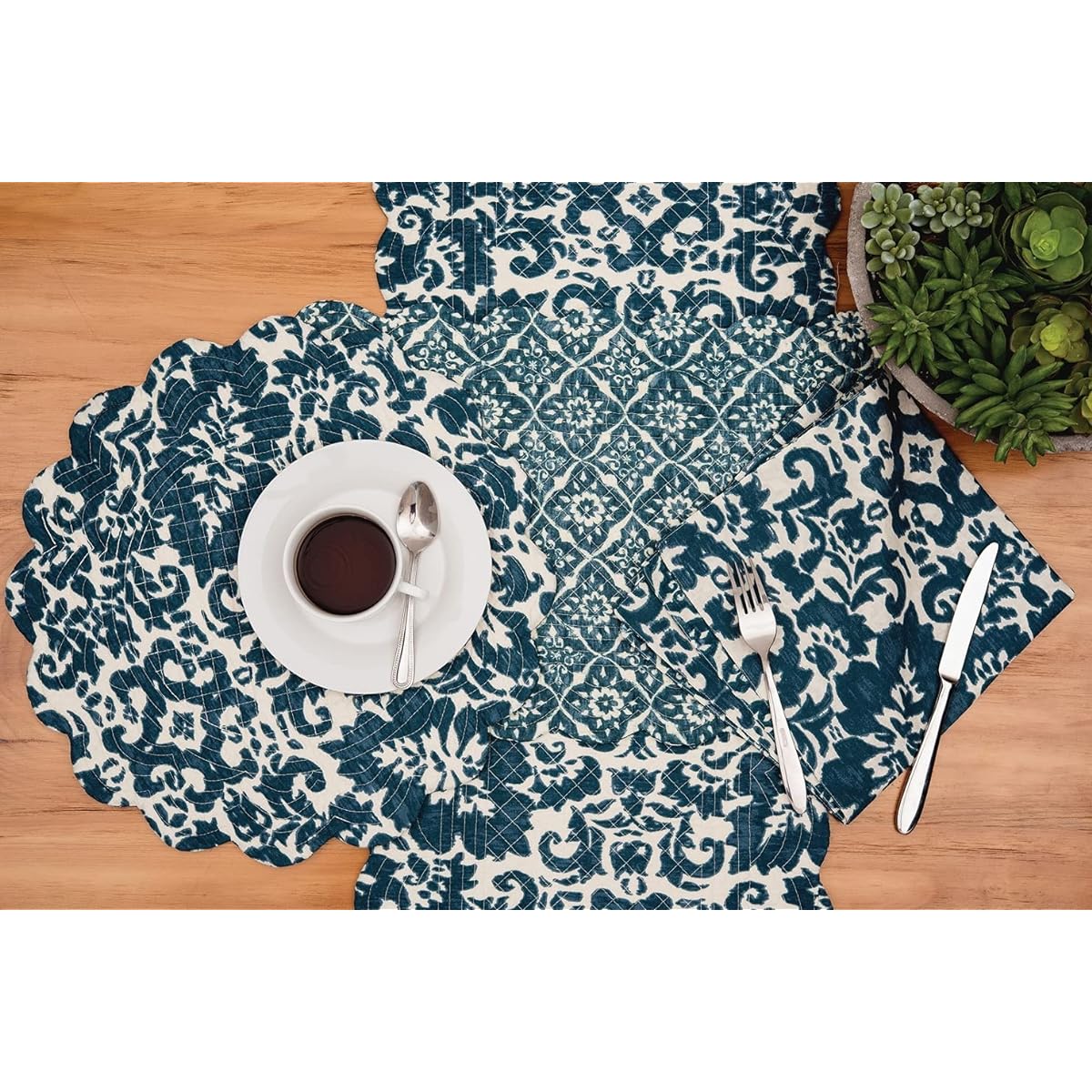 C&F Home Madison Adriatic Table Runner Reversible Cotton Floral Geometric Table Runner Dinner Daily Runner 14x51 Blue