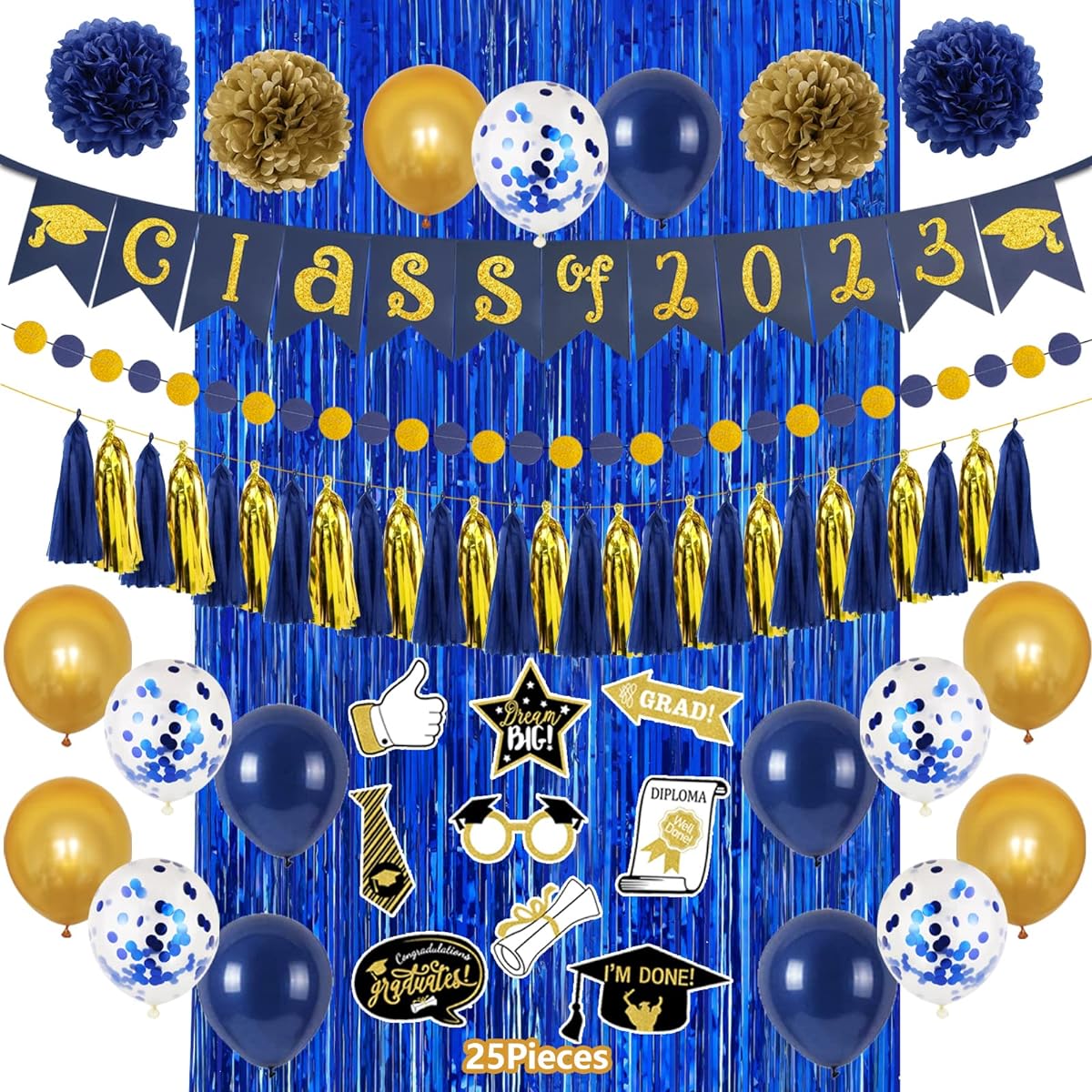 Graduation Party Decorations 2023 Blue and Gold - Class of 2023 Banner, Paper Pom Poms, Congrats Grad, Foil Fringe Curtains, Backdrop, Photo Booth Props, Balloons, Senior Graduation Party Decorations Supplies