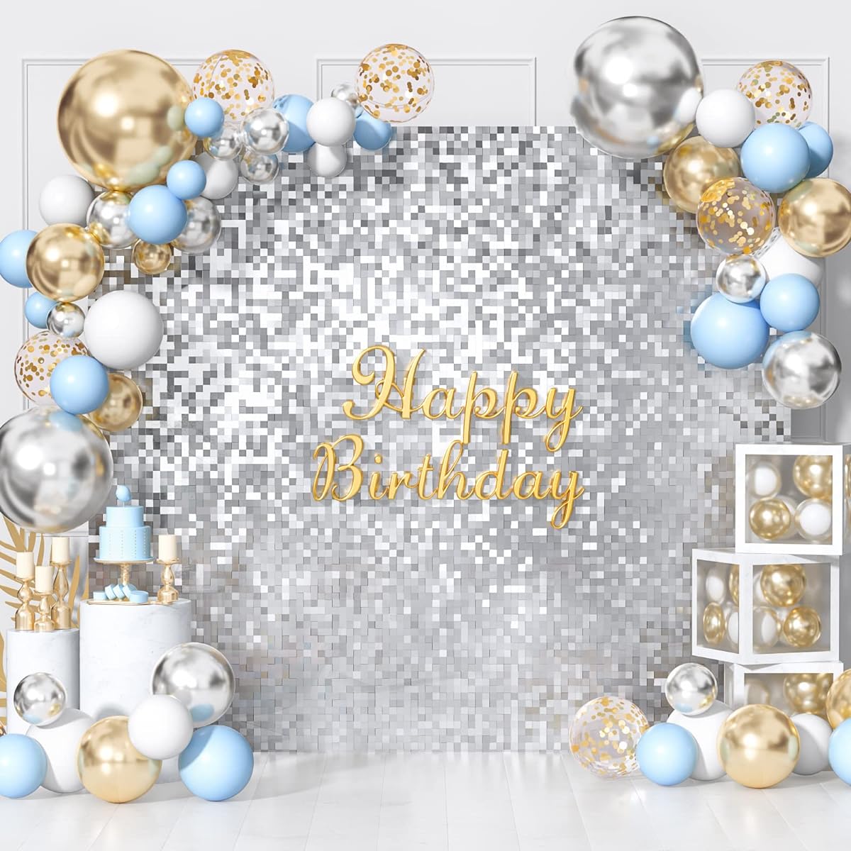 HUICYHFR Silver Shimmer Wall Backdrop - 48 Panels Square Sequin Shimmer Oversized Background for Birthday Engagement Anniversary Wedding Bachelorette Party Decorations