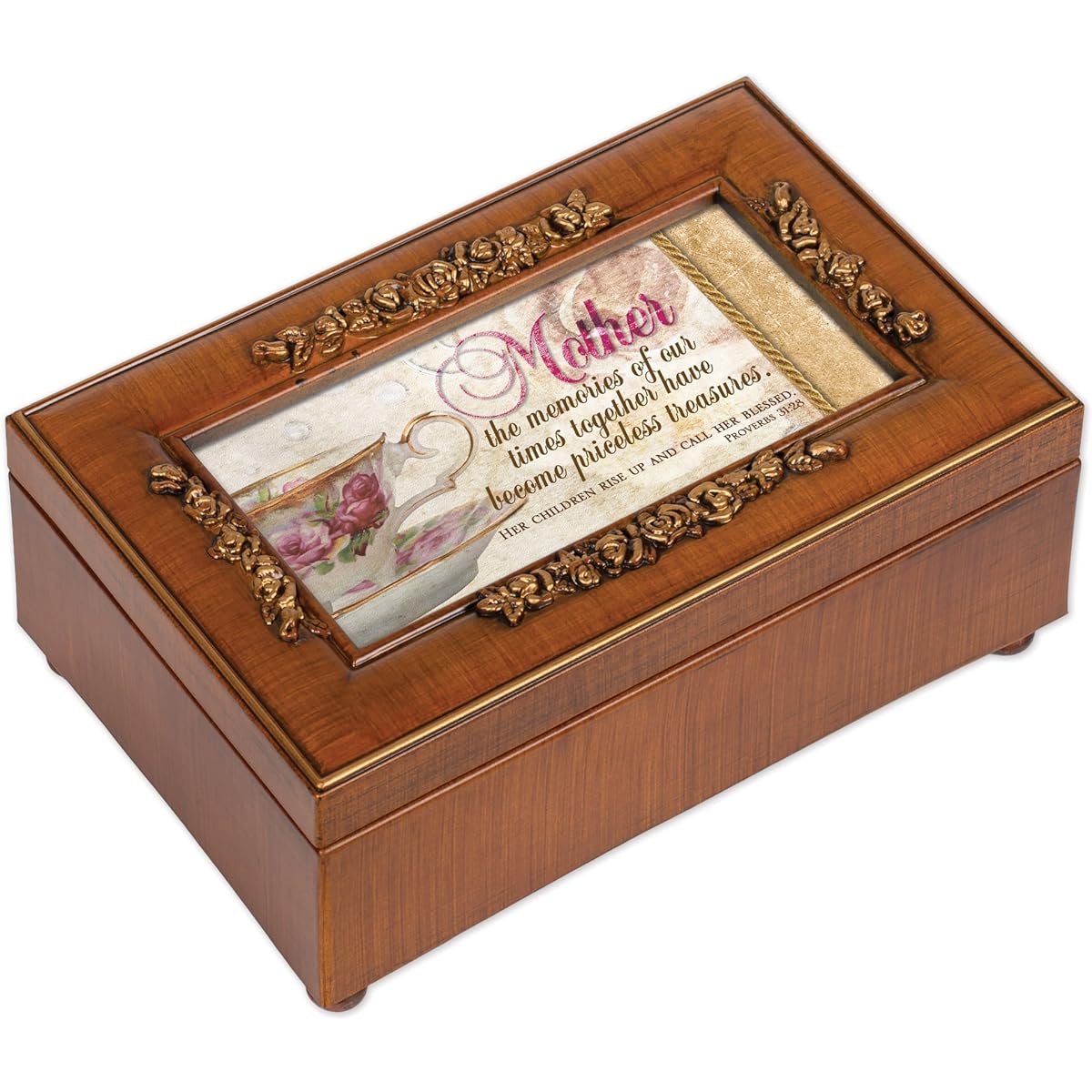 Mother Memories Priceless Treasure Woodgrain Embossed Jewelry Music Box "How Great Thou Art"