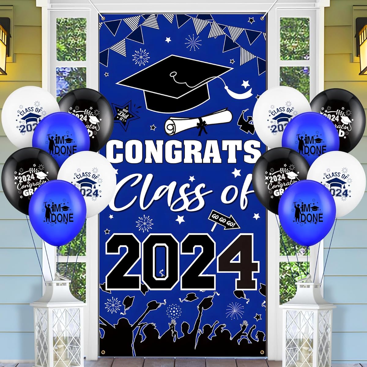 2023 Graduation Decorations - Big Blue Congrats Graduation Banner with 12 Latex Balloons (Blue)
