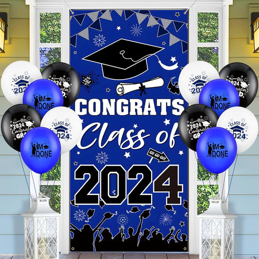 2023 Graduation Decorations - Big Blue Congrats Graduation Banner with 12 Latex Balloons (Blue)
