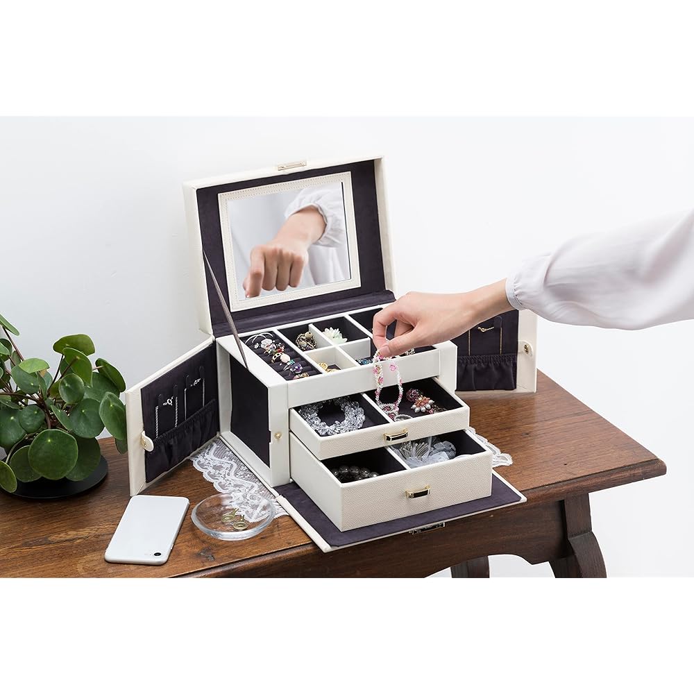 Ideal Service [Jewelry Box Pale White 20344] Jewelry Case Accessory Storage Storage Case Jewelry Necklace Earrings Ring Watch Storage Suede Style with Key