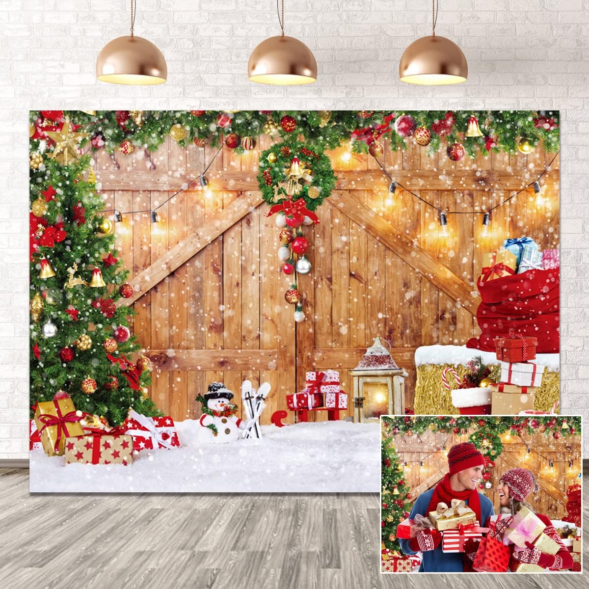DHXXSC 7X5FT Christmas Backdrop Rustic Christmas Barn Door Christmas Tree Background Christmas Backdrop Merry Christmas Plank Wall Festive Wonderland Party Background Birthday Baby Shower Backdrop DH-220