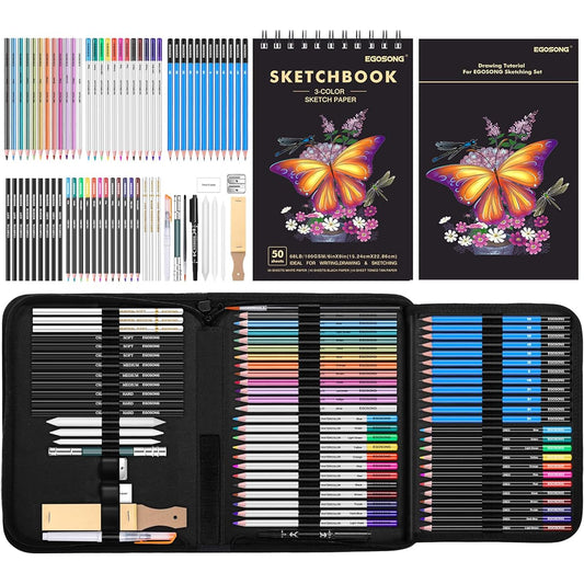 EGOSONG 73 Pack Sketch Drawing Kit Set, Pro Art Sketching Supplies with Sketchbook, Tutorials, Artist Kits for Adults Kids Teens Beginners | Graphite, Charcoal, Watercolor & Metallic Color Pencils