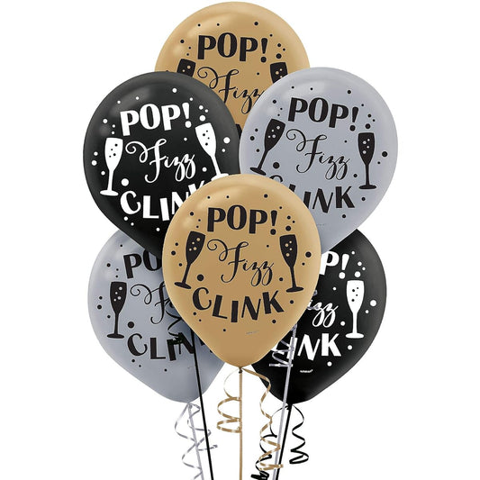 amscan Lovely Happy New Year Print Latex Balloons Black Silver Gold 12 Inch (Pack of 15) Premium Quality Festive Design Perfect for NYE Party Decorations
