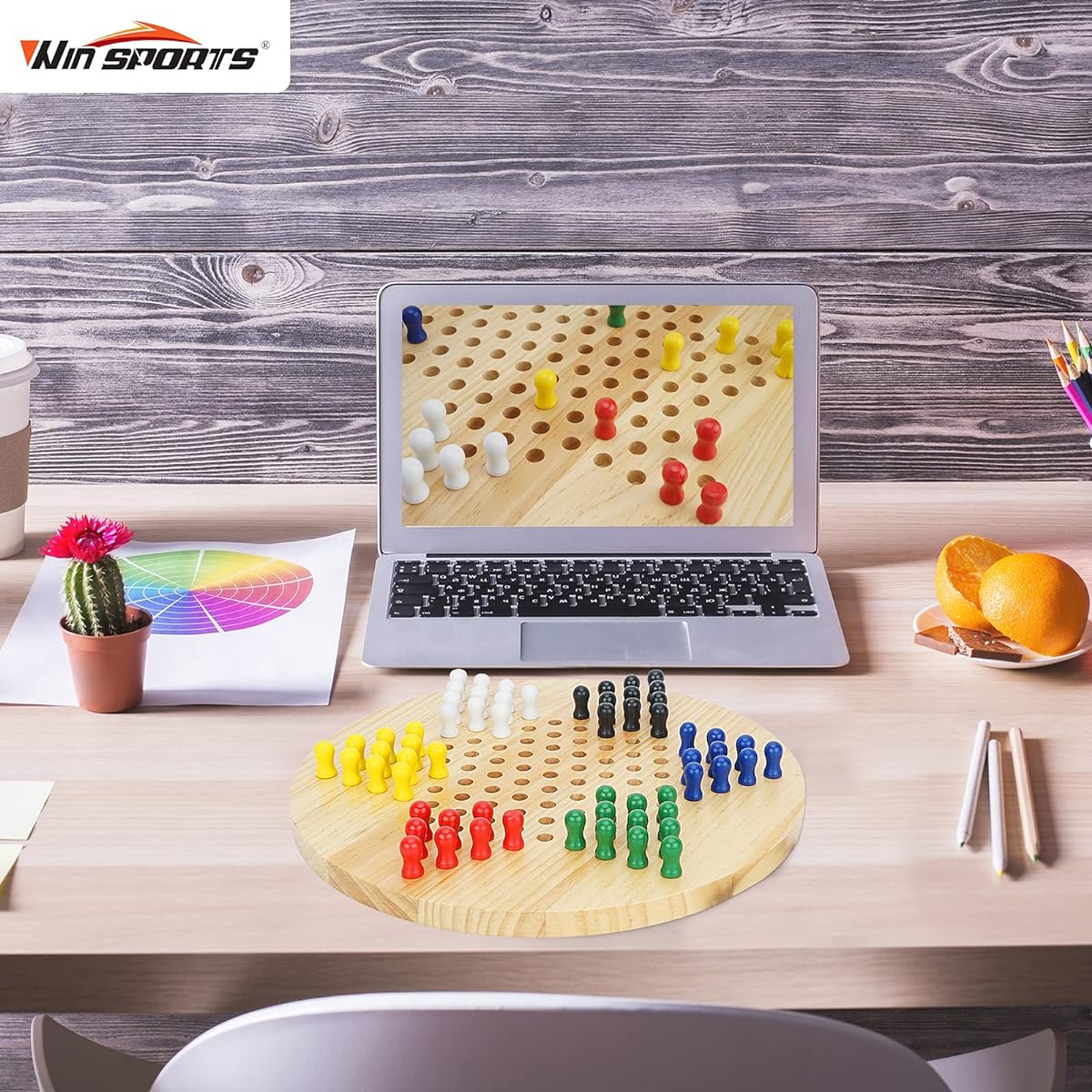 Win SPORTS Chinese Checkers Board - Wooden Game Classic Strategy Game & Fun for the Whole Family, 60 Wooden Pegs in 6 Colors, Made from All Natural Wood Materials (11.5 Inch)