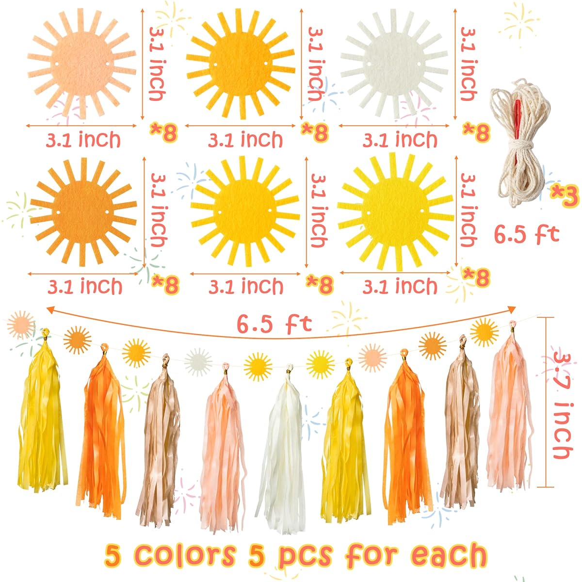 G1ngtar 53pcs Boho Sun Garland Tassel Banner Hippie Calm Sun First Trip Party Decorations Beautiful Indoor/Outdoor/Faux Felt Wall Decor for Birthday Baby Shower Wedding