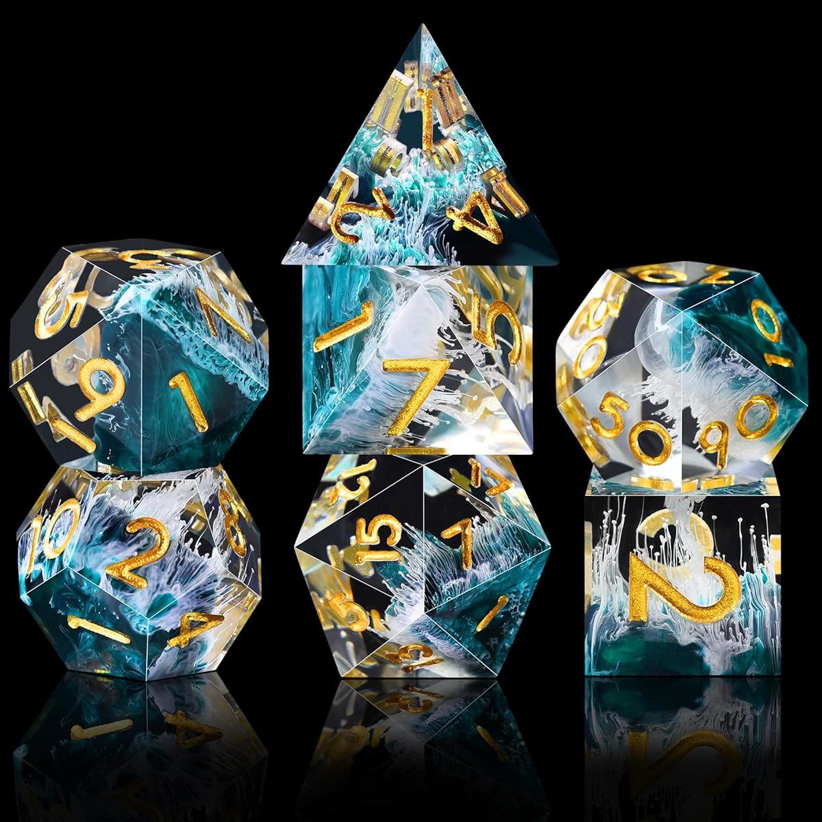 AUSTOR DND 7-Piece Dice Set, Handmade Sharp Edge Polyhedral Dice for Dungeons & Dragons RPG MTG Tabletop Games (Wave Green)