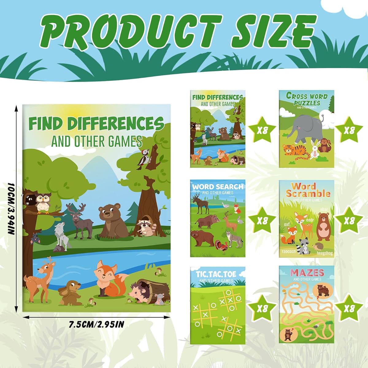 Mini Activity Books for Kids, Mini Fun Games, Challenging Activities, Mazes, Word Search, Word Scramble, Spot the Difference and More, Great for Parties, Classroom Gift Bag Stuffers (48, Animals)