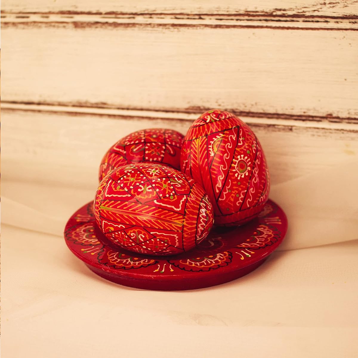 LOVARE Lot 3 Red Vintage 2,0" Hand Painted Wooden Ukrainian Easter Eggs Pysanky Mini Easter Egg Ornaments Wooden Chicken Eggs (Pysanka Pysanky Supplies) Easter Plate
