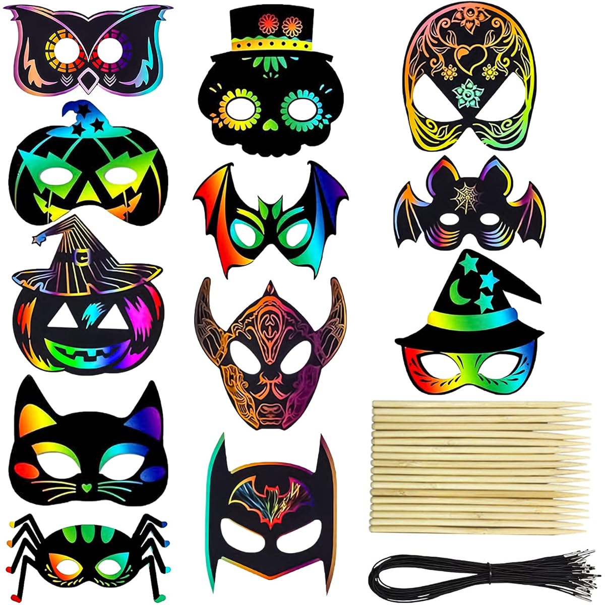 36Pcs Halloween Scratch Masks DIY Rainbow Scratch Paper Masks Art Craft Kit with Bamboo Stylus & Rubber Bands Magic Scratch Party Favors Birthday Gift Pack Halloween Party for Kids