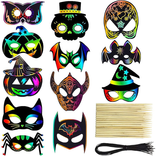 36Pcs Halloween Scratch Masks DIY Rainbow Scratch Paper Masks Art Craft Kit with Bamboo Stylus & Rubber Bands Magic Scratch Party Favors Birthday Gift Pack Halloween Party for Kids
