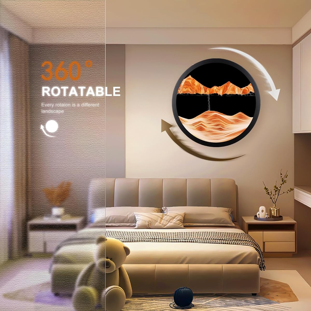 17.3" Moving Sand Art Picture Round Glass 3D Deep Sea Sand View Room Decor, Glass Craft Solid Wood Frame, Relaxing Mood Home Office Work Wall Art Decor (17.3", Orange)
