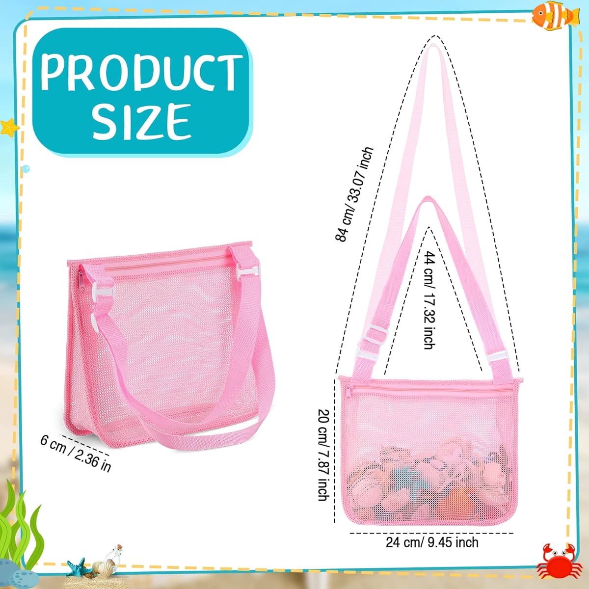 Reginary 8 Pieces Toy Beach Mesh Bags Children's Shell Collection Beach Shell Bag Seashell Pickup Net Bag Bucket with Zipper Adjustable Strap Boys Girls Toddler Travel Swimming