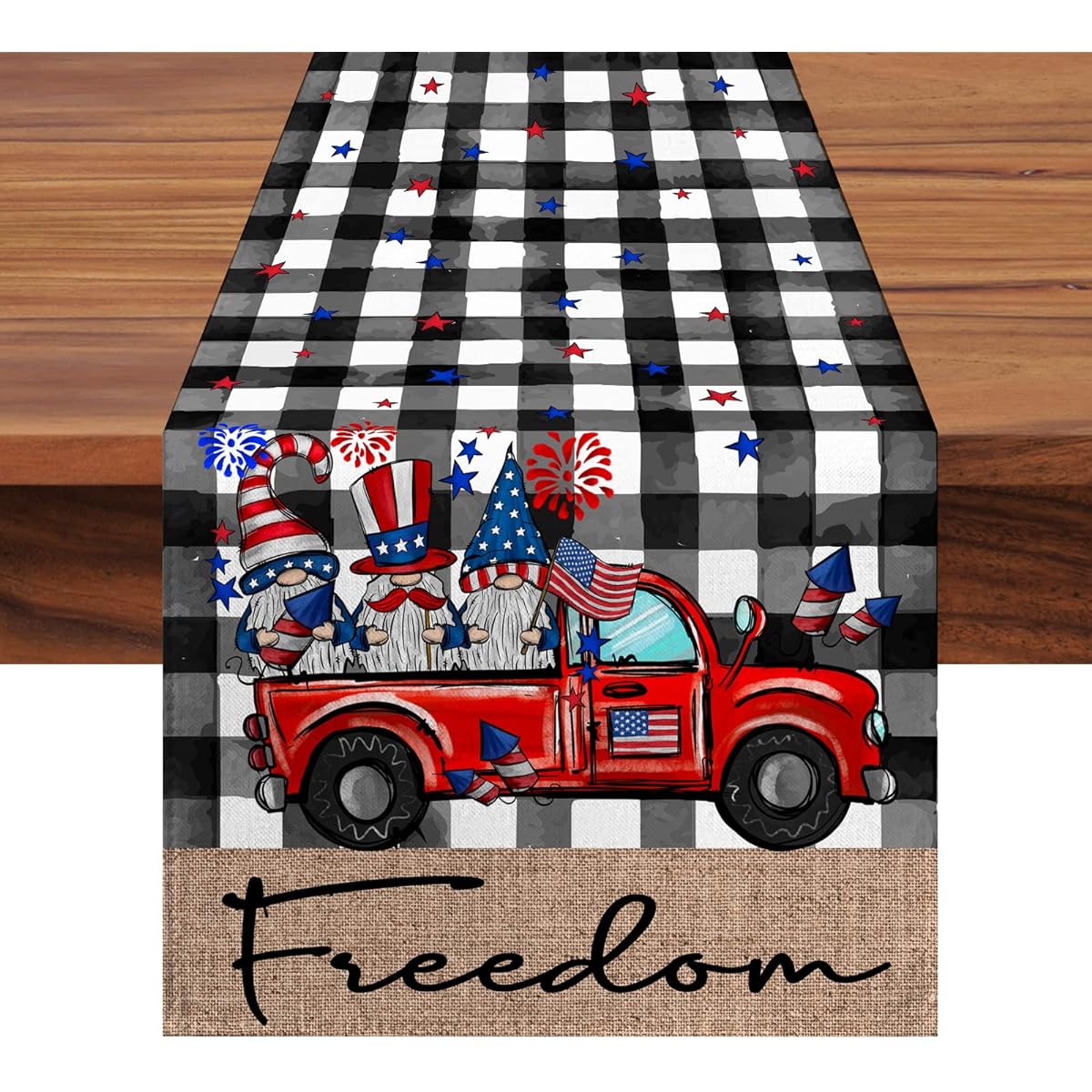 Patriotic Freedom Table Runner 108" Long Buffalo Plaid 4th of July Gnome Truck Kitchen Dining Table Decor for Holiday Wedding Indoor Outdoor Party