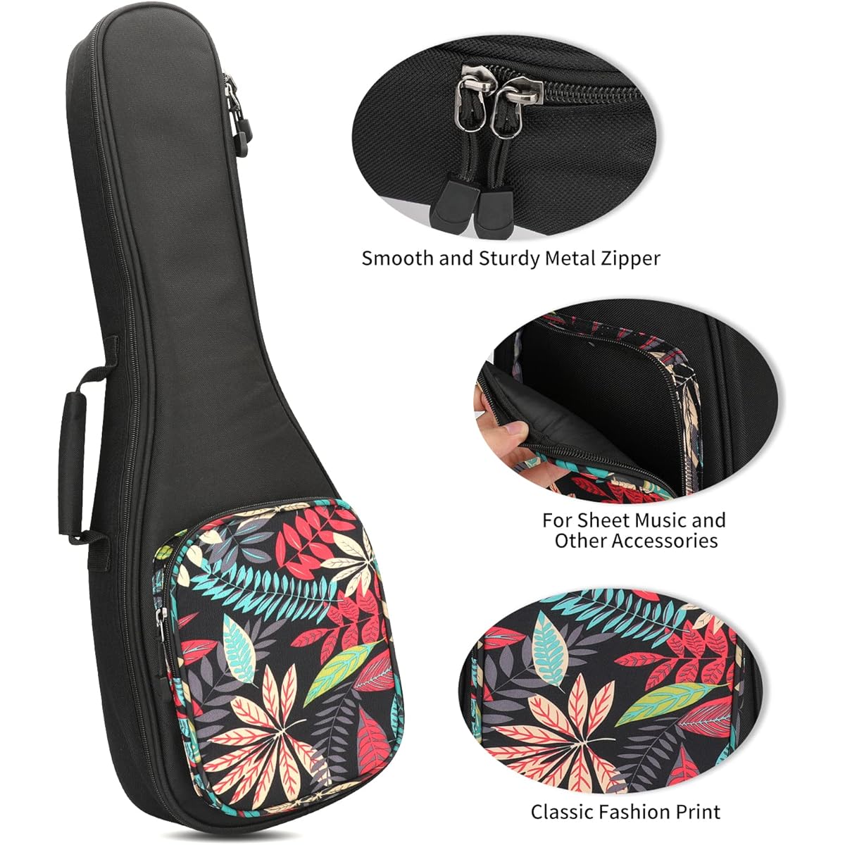 MUINS Ukulele Bag 21 23 26 Ukulele Case Thick Pad for Soprano Concert Tenor Uke with Double Adjustable Strap and Handle (26 Inch, Black Leaves)