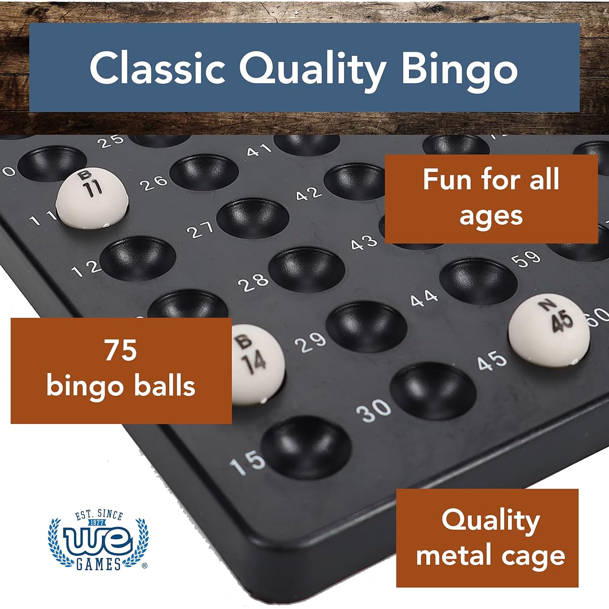 WE Games Grand Bingo Set - 8" Black Metal Cage, Plastic Balls and Holders, Reusable Cards, Plastic Markers