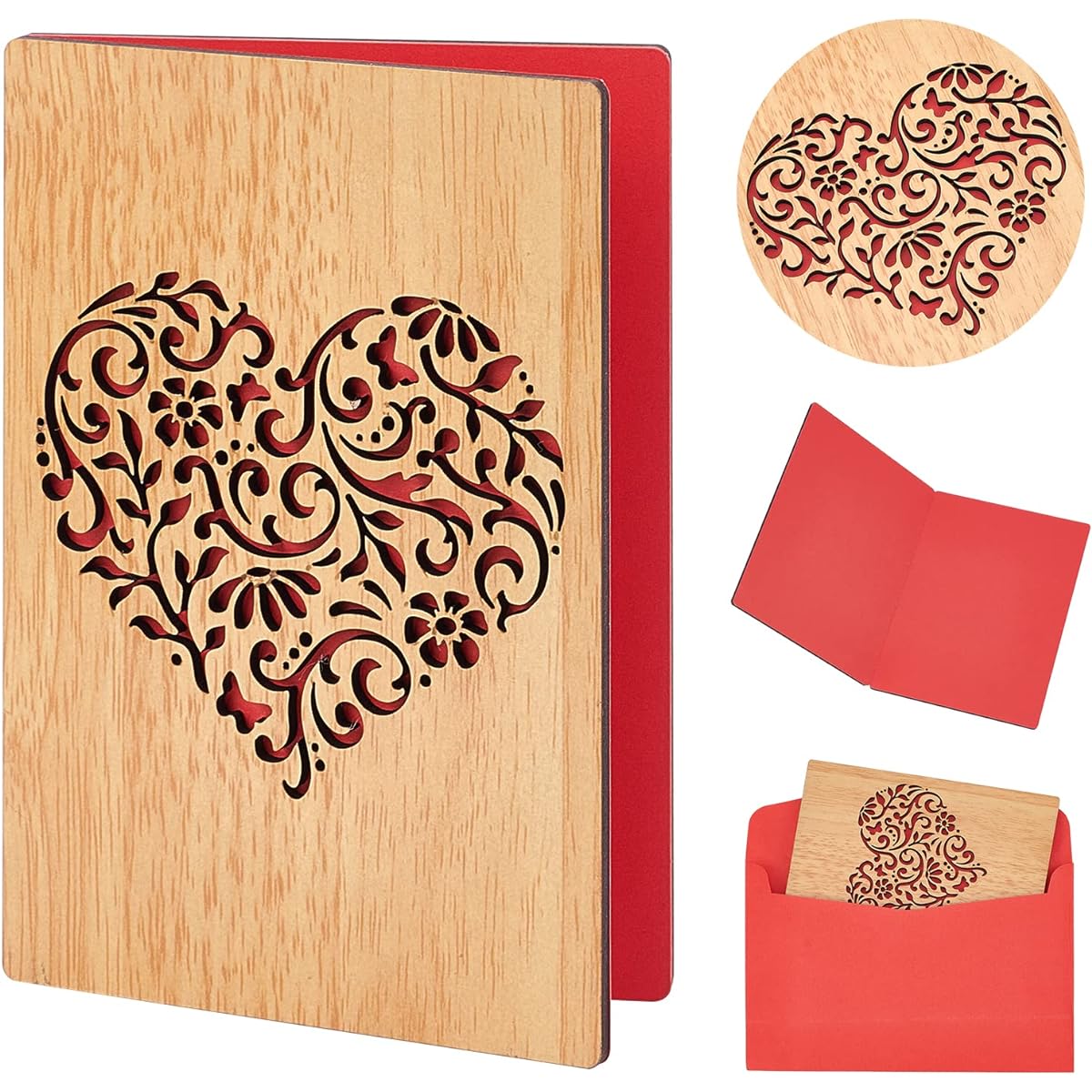CRASPIRE Heart Wood Card, Wooden Wedding Anniversary Card, Hollow Heart Design, Handmade Wooden Greeting Card Gift for Wedding Anniversary Mother's Day Valentine's Day Birthday
