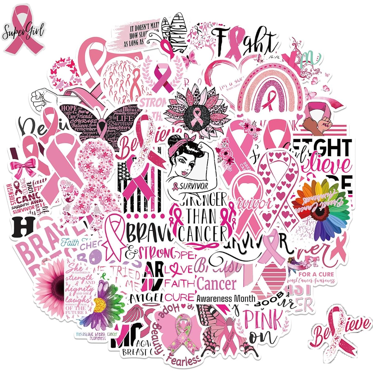 Breast Cancer Awareness Stickers, Pink Ribbon Butterfly Vinyl Waterproof Stickers for Women Girls Breast Cancer Awareness Accessories Event Supplies Party Decorations