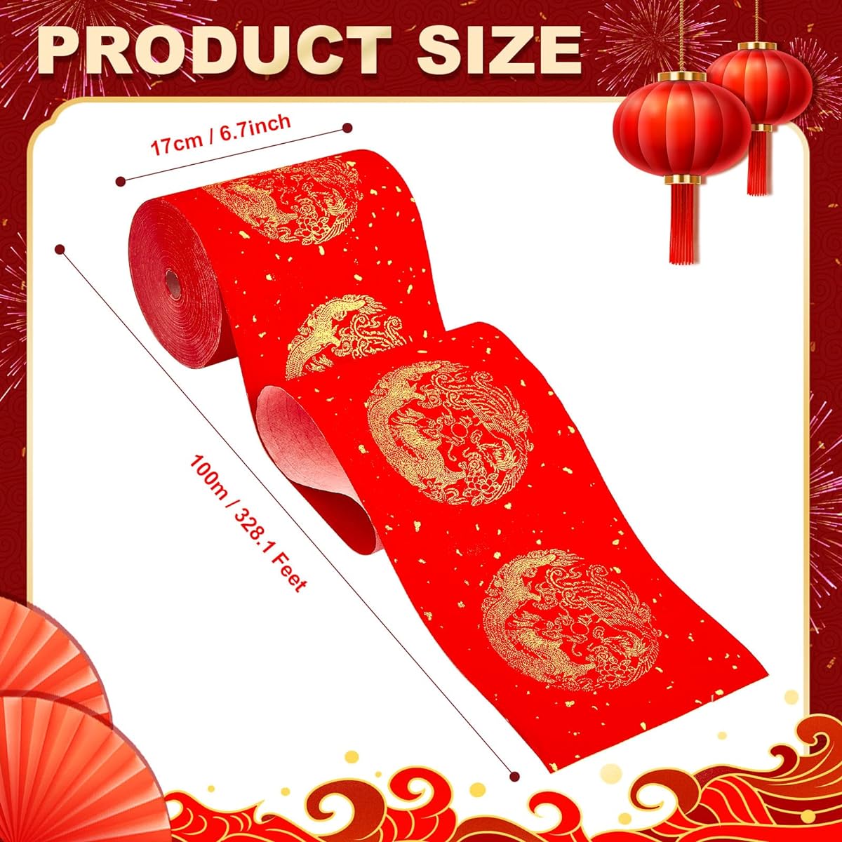 6.7" x 328.1ft Spring Festival Red Xuan Paper Dragon Thick Chinese Couplet Chunlian Paper Duilian Calligraphy Rice Red Paper for New Year Decoration Half Sheng Shu Xuan