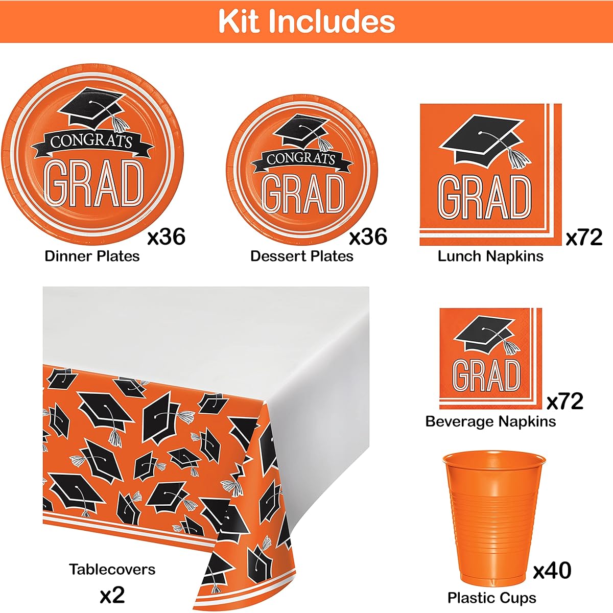 Graduation School Spirit Orange Party Supplies Kit Serves 36