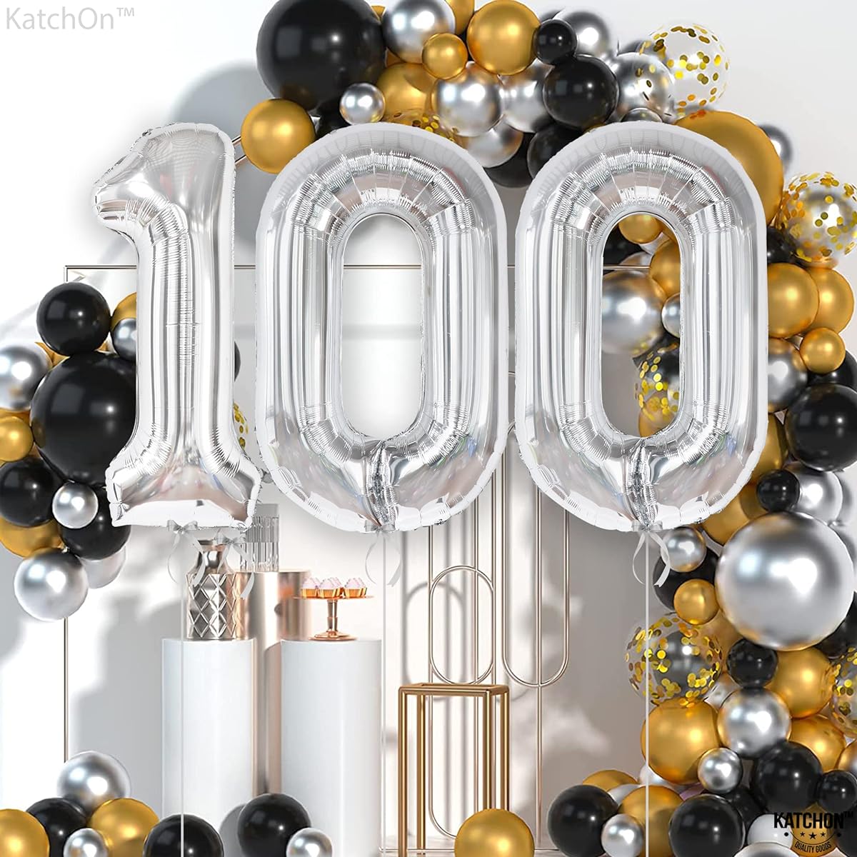 KatchOn Giant Silver 100 Balloons Numbers - 40 Inch 100K Balloons for Social Media | 100 Number Balloons Silver for 100th Birthday Decorations | 100th Birthday Party Supplies