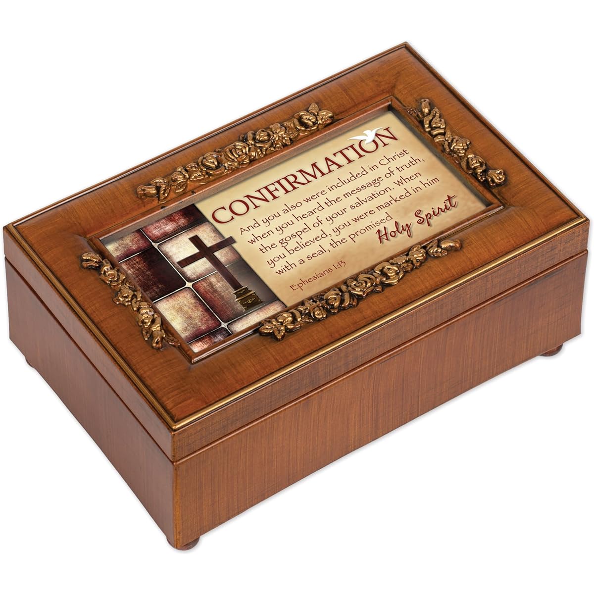 Confirmation Holy Spirit Cross Wood Finish Petite Rose Jewelry Music Box Plays We Have a Friend in Jesus
