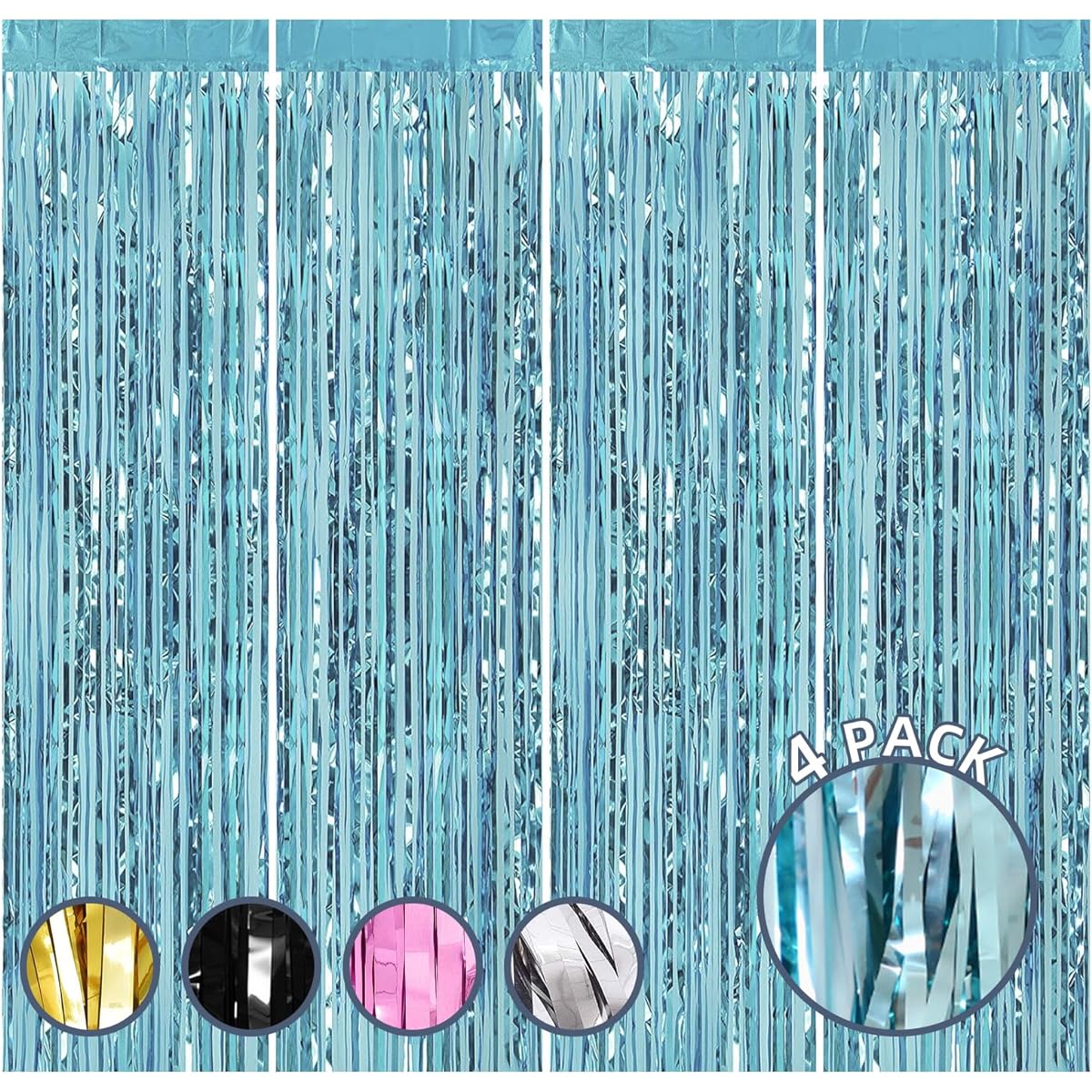 4 Pack 3.3ft x 8.5ft Blue Fringe Curtains Party Decorations Foil Fringe Curtains Backdrop Mermaid Under the Sea Party Decorations Tinsel Streamers Photo Booth Party Backdrop Wall (Blue)