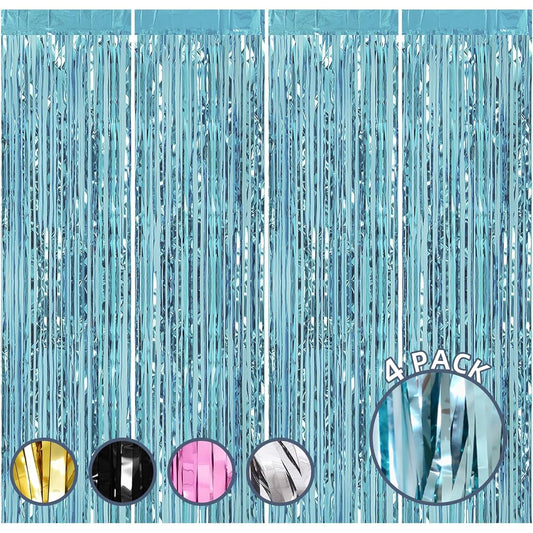 4 Pack 3.3ft x 8.5ft Blue Fringe Curtains Party Decorations Foil Fringe Curtains Backdrop Mermaid Under the Sea Party Decorations Tinsel Streamers Photo Booth Party Backdrop Wall (Blue)
