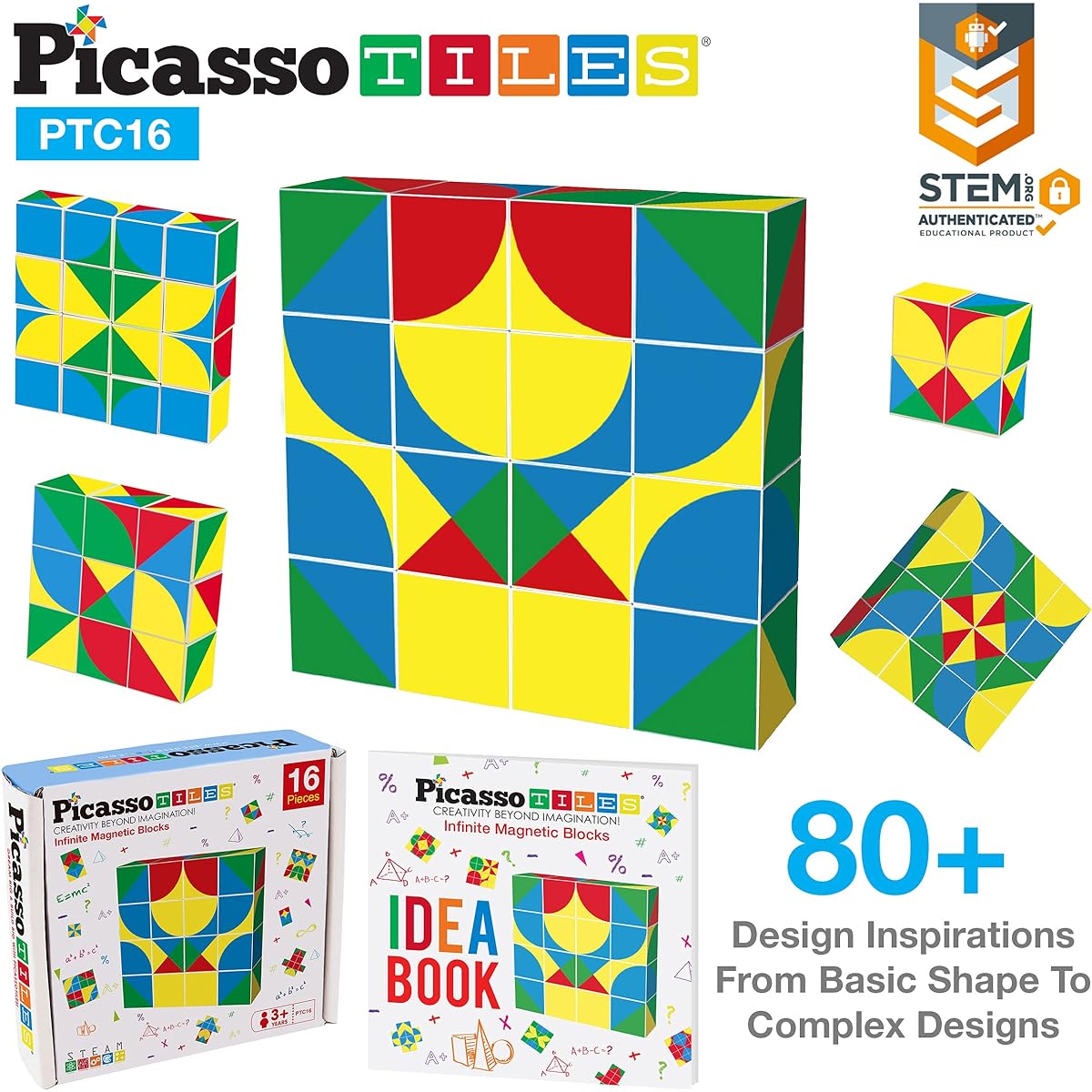 PicassoTiles 16 Piece Infinite Magnetic Puzzle Game Magic Pixie Cube Puzzle Brain Teaser Set with Free Idea Book Kids Toys Magnetic Pattern Blocks Matching Cards Challenge Toy Inspirational STEM Learning PTC16