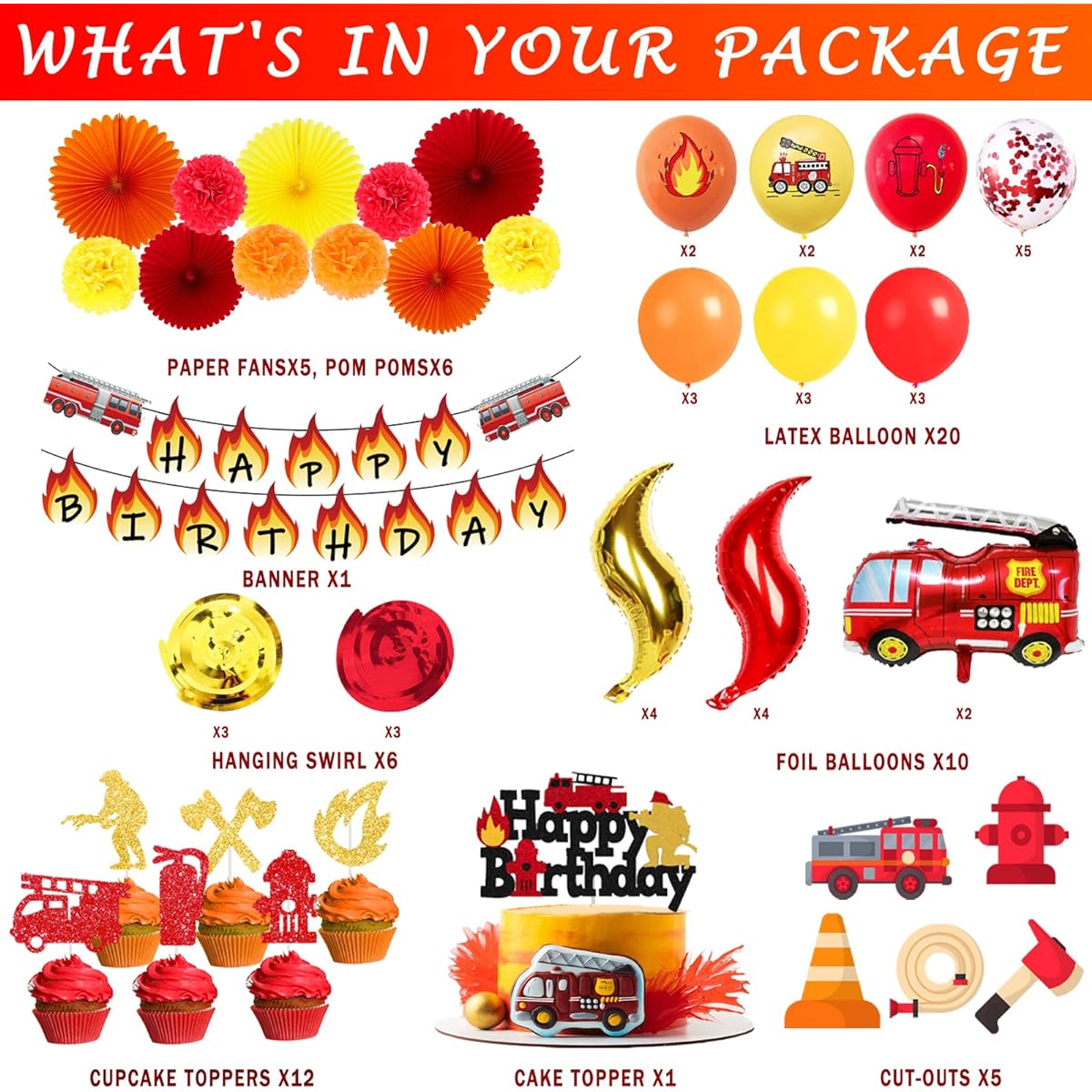 Fiesec Fire Truck Birthday Party Decorations, Fire Engine Birthday Party Decorations Hanging Swirl Paper Pom Poms Fans Balloons Happy Birthday Banner Cake Cupcake Toppers Firefighter Fireman Red
