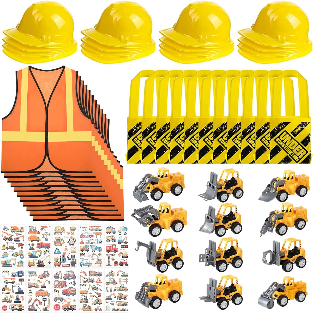 58pcs Construction Toys Construction Birthday Party Supplies Mini Construction Vehicles Construction Party Costume Favors Tote Bag Vest Construction Hat Cars Trucks Temporary Tattoos Role Play