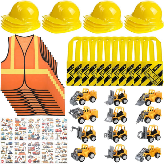 58pcs Construction Toys Construction Birthday Party Supplies Mini Construction Vehicles Construction Party Costume Favors Tote Bag Vest Construction Hat Cars Trucks Temporary Tattoos Role Play