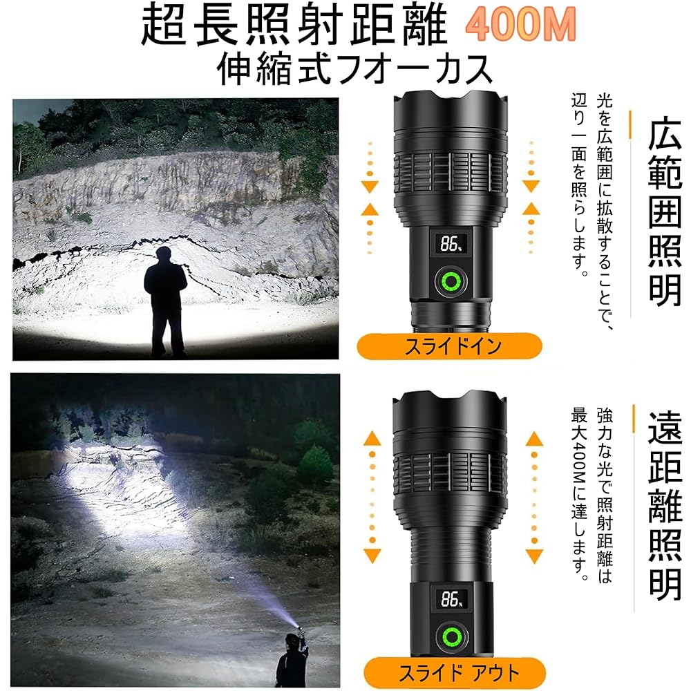 Aicdas 2024 Flashlight, LED, Powerful, Military, Disaster Prevention, Earthquake, Practical Lighting Up to 35 Hours, USB Rechargeable, Mobile Function, Handy Light, 26650 (Included) / 18650 / AAA